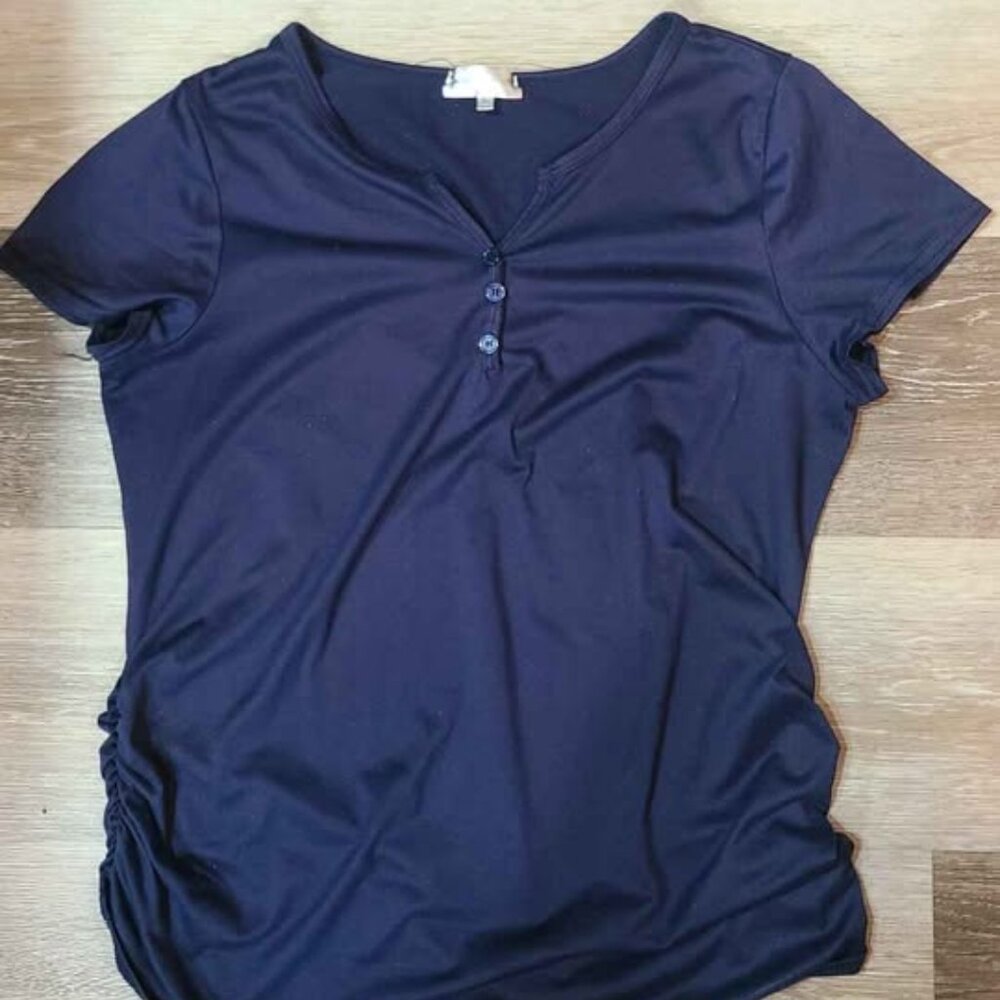 L Navy Blue Short Sleeve Blouse with sides scruched